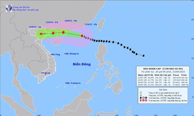 Tin bão khẩn cấp - Cơn bão số 9 (Tin phát lúc 20h00 ngày 23/9/2025)