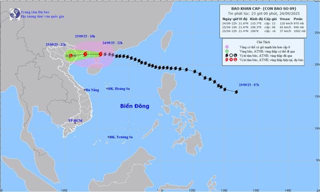 Tin bão khẩn cấp - Cơn bão số 9 (Tin phát lúc 23h00 ngày 24/09/2025)