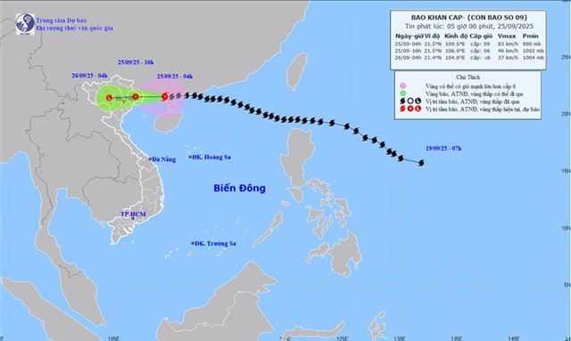 Tin bão khẩn cấp - Cơn bão số 9 (Tin phát lúc 05h00 ngày 25/09/2025)
