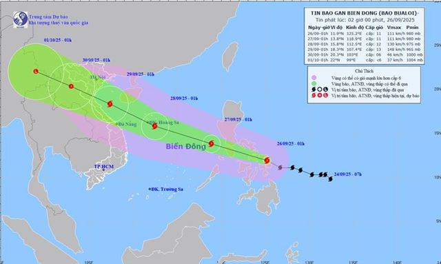 Tin bão gần biển Đông - Cơn bão BUALOI (Tin phát lúc 02h00 ngày 26/09/2025)