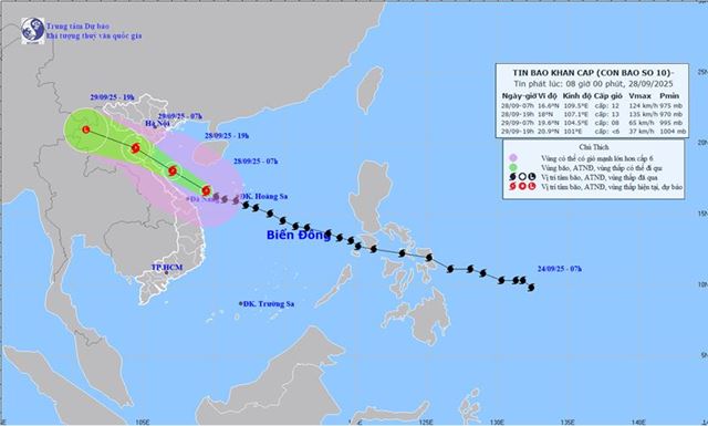 Tin bão khẩn cấp - Cơn bão số 10 (Tin phát lúc 08h00 ngày 28/09/2025)
