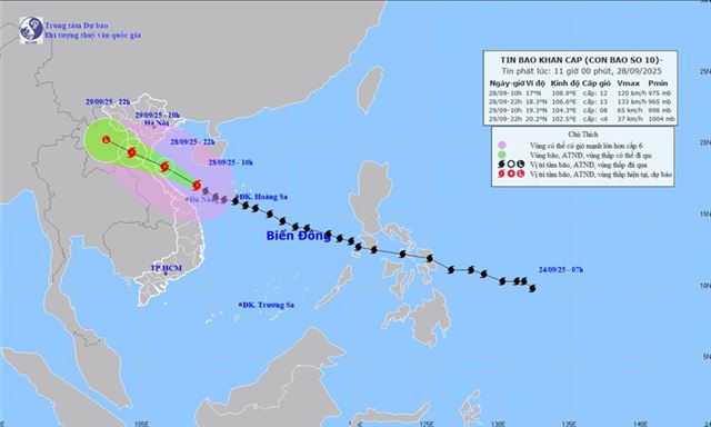 Tin bão khẩn cấp - Cơn bão số 10 (Tin phát lúc 11h00 ngày 28/09/2025)
