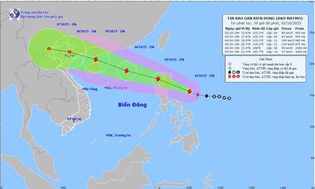 Tin bão gần biển Đông - Cơn bão MATMO (Tin phát lúc 20h00 ngày 02/10/2025)