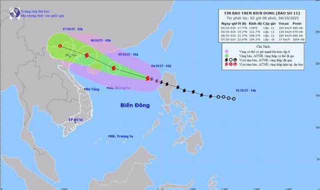 Tin bão trên biển Đông - Cơn bão số 11 (Tin phát lúc 02h00 ngày 04/10/2025)
