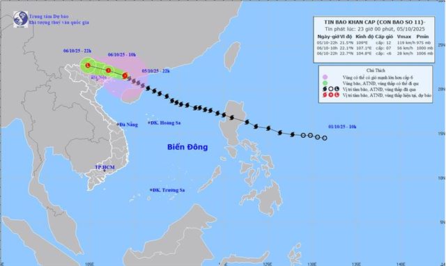 Tin bão khẩn cấp - Cơn bão số 11 (Tin phát lúc 23h00 ngày 05/10/2025)