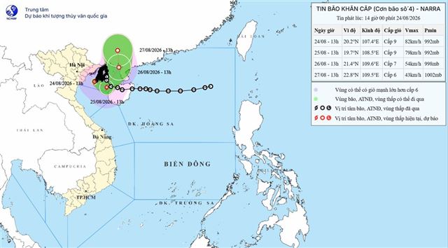 Tin bão khẩn cấp (Cơn bão số 4) (Tin phát lúc 14h00 ngày 24/08/2026)