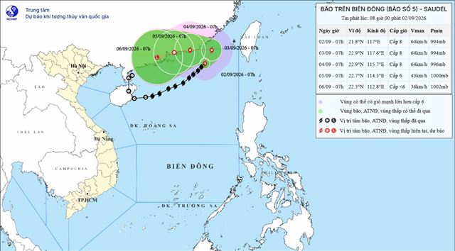 Tin bão trên biển Đông - Cơn bão số 5 (Tin phát lúc 08h00 ngày 02/09/2026)