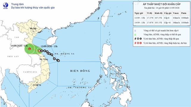 Tin áp thấp nhiệt đới khẩn cấp (Tin phát lúc 14h00 ngày 13/09/2026)