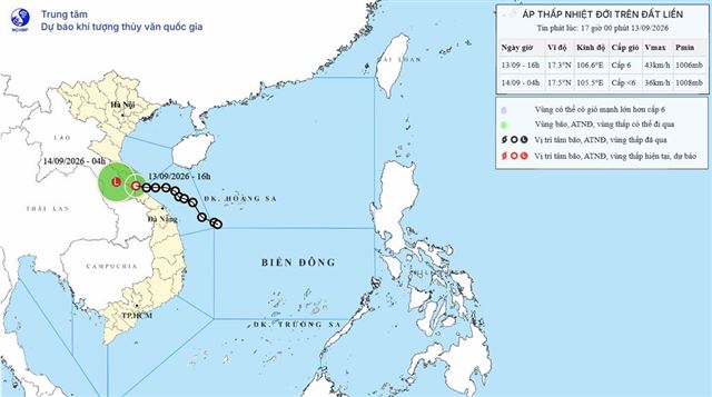 Tin áp thấp nhiệt đới trên đất liền (Tin phát lúc 17h00 ngày 13/09/2026)