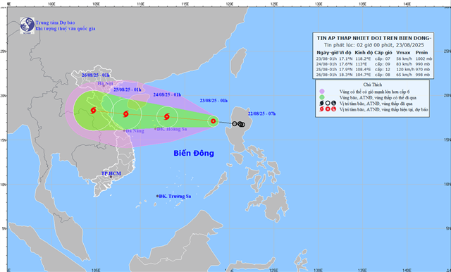 Tin áp thấp nhiệt đới trên biển Đông (Tin phát lúc 02h00 ngày 23/08/2025)
