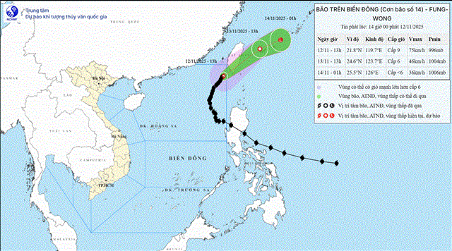 Tin bão trên biển Đông ( Cơn bão số 14 - Tin phát lúc 14h00 ngày 12/11/2025)