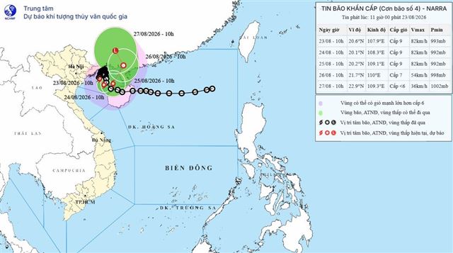 Tin bão khẩn cấp (Cơn bão số 4) (Tin phát lúc 111h00 ngày 23/08/2026)