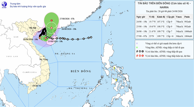 Tin bão khẩn cấp (Cơn bão số 4) (Tin phát lúc 20h00 ngày 24/08/2026)