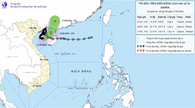 Tin bão trên biển Đông - (Cơn bão số 4) (Tin phát lúc 08h00 ngày 25/08/2026)