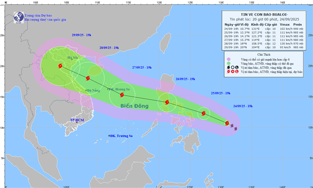 Tin về cơn bão BUALOI (Tin phát lúc 20h00 ngày 24/09/2025)