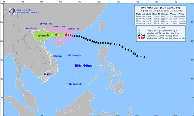 Tin bão khẩn cấp (Cơn bão số 9 - Tin phát lúc 20h00 ngày 24/09/2025)