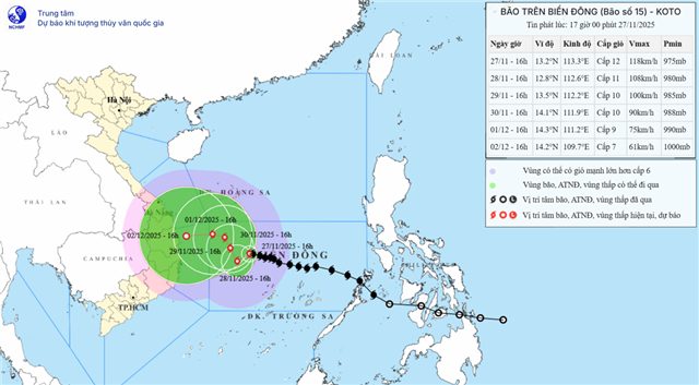 Tin bão trên biển Đông ( Cơn bão số 15 - Tin phát lúc 17h00 ngày 27/11/2025)