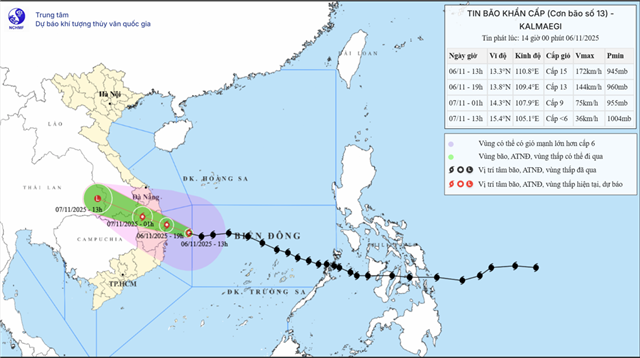 Tin bão khẩn cấp (Cơn bão số 13 - Tin phát lúc 14h00 ngày 06/11/2025)