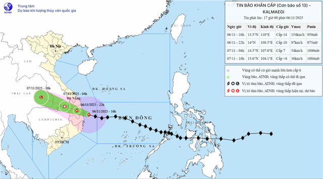 Tin bão khẩn cấp (Cơn bão số 13 - Tin phát lúc 17h00 ngày 06/11/2025)